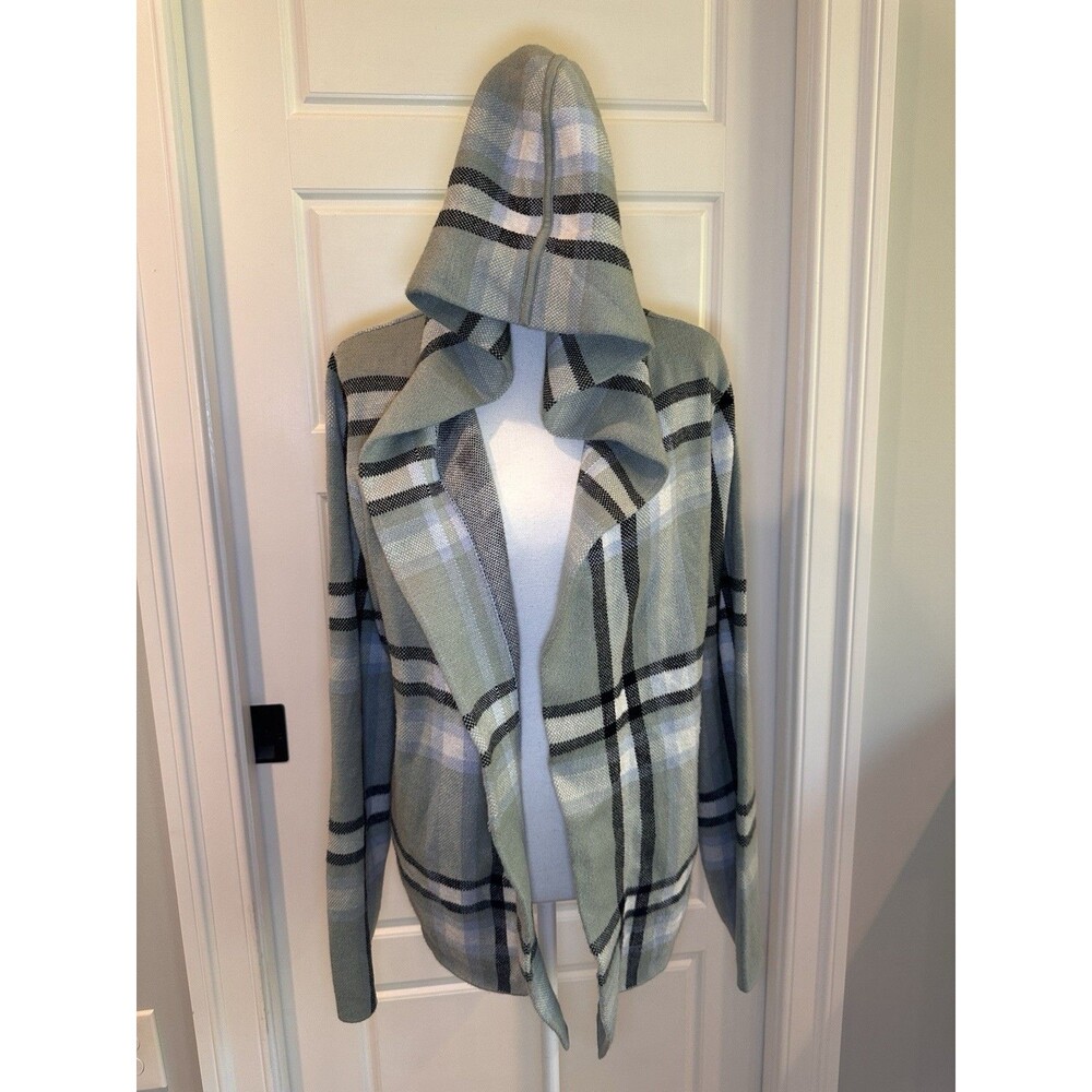 Tahari Gray Plaid Open Front Hooded Cardigan Sweater Long Sleeve Deaped Size L
